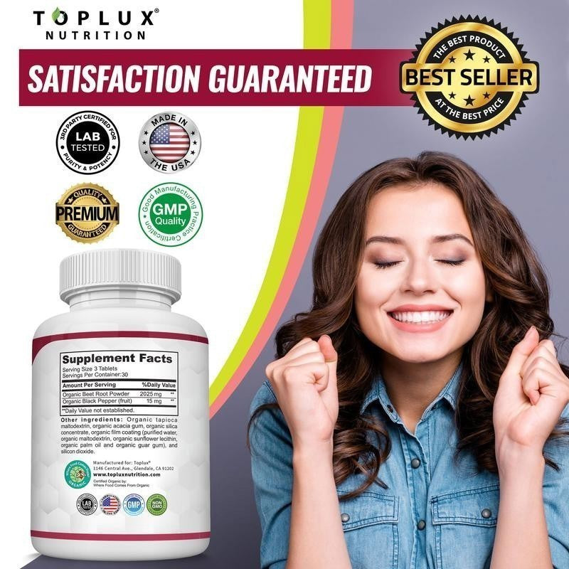 Toplux Organic Beet Root 2040Mg – 90 Tablets – Energy, Circulation & Antioxidant
