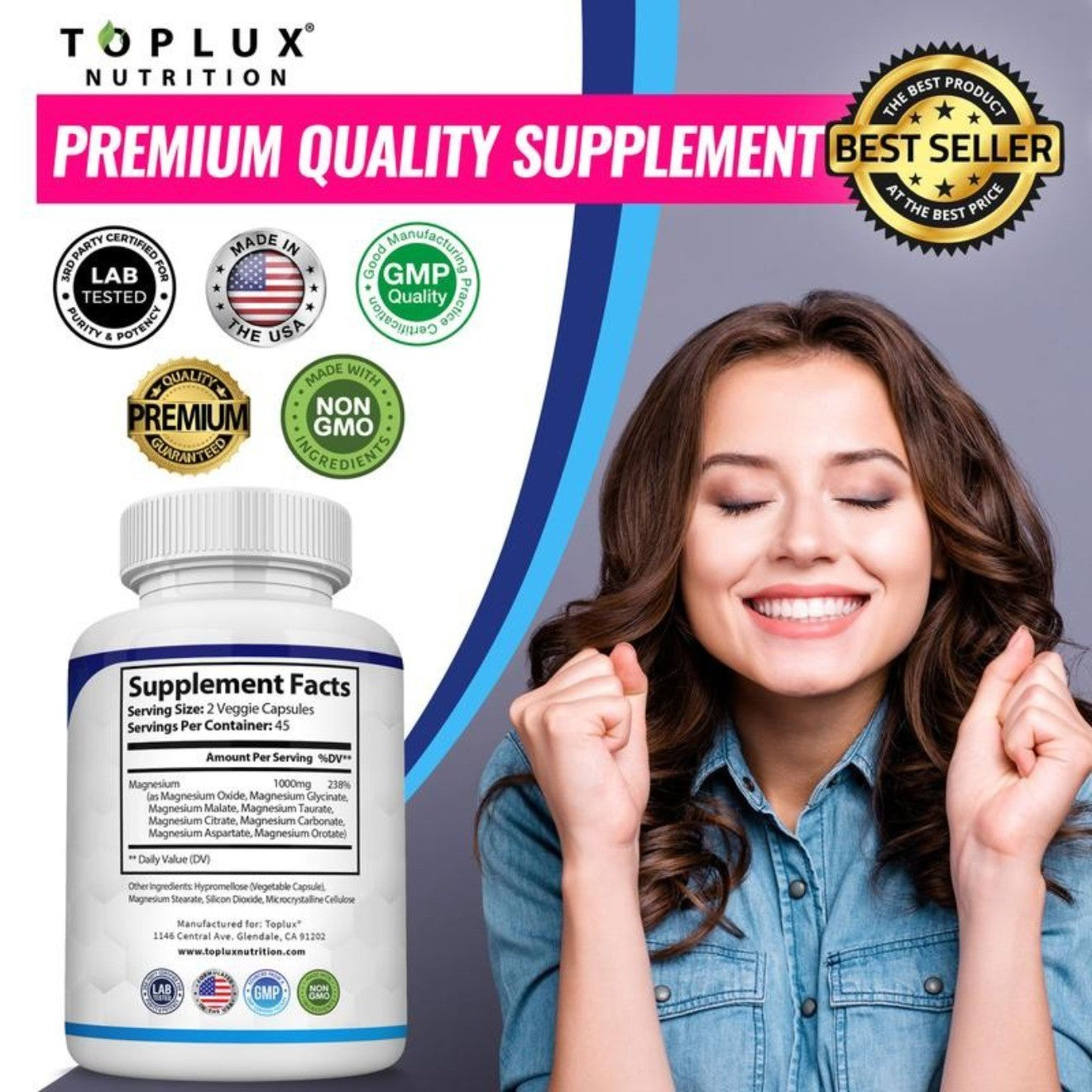 Elevate Your Health with Toplux Magnesium Complex: 1000mg of 8 Powerful Magnesium Forms in 90 Capsules
