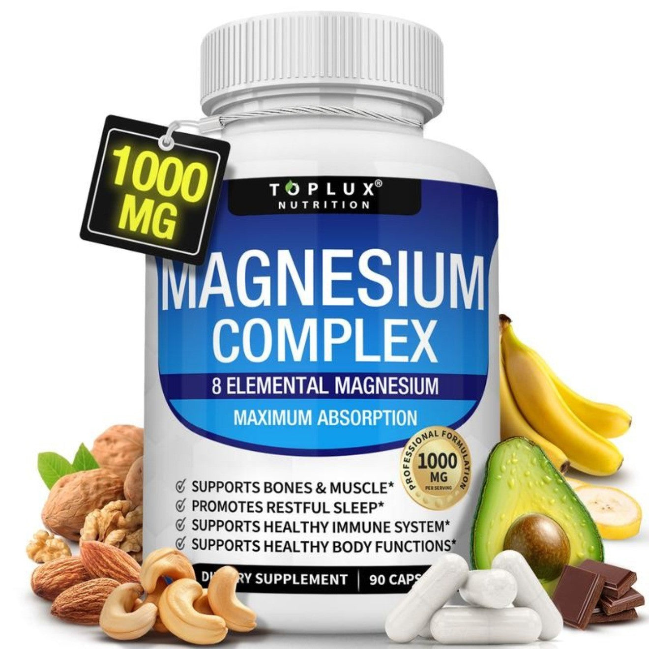 Elevate Your Health with Toplux Magnesium Complex: 1000mg of 8 Powerful Magnesium Forms in 90 Capsules