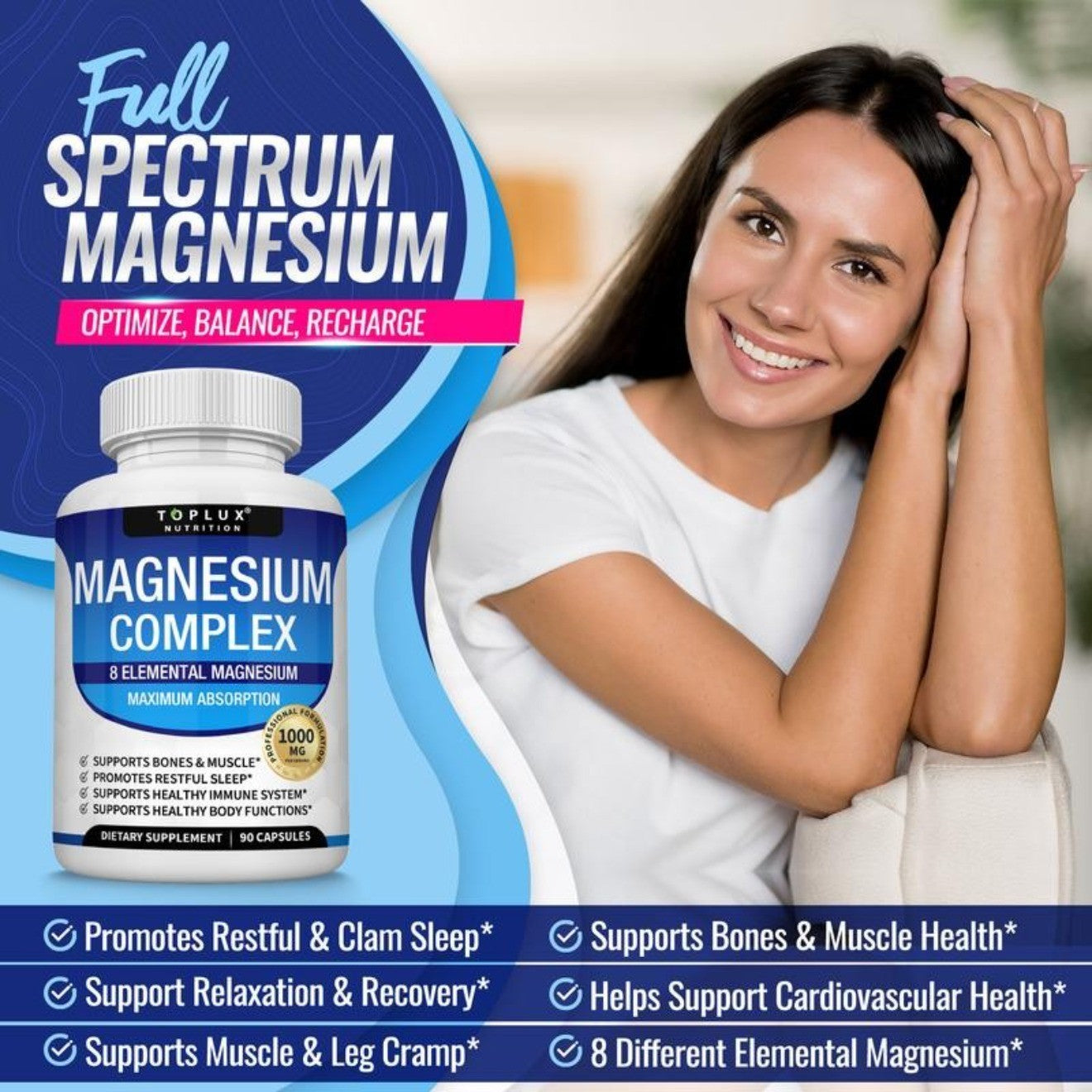 Elevate Your Health with Toplux Magnesium Complex: 1000mg of 8 Powerful Magnesium Forms in 90 Capsules