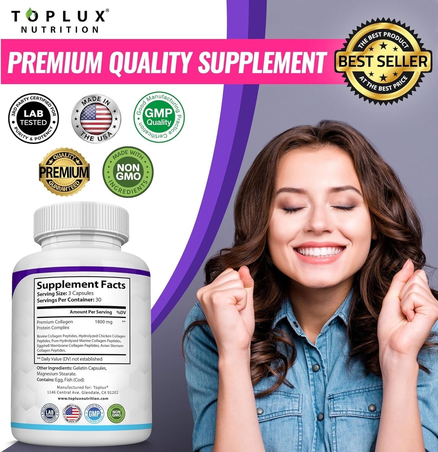 Toplux Nutrition Multi Collagen Peptides Pills1800 Mg Complex-Hydrol